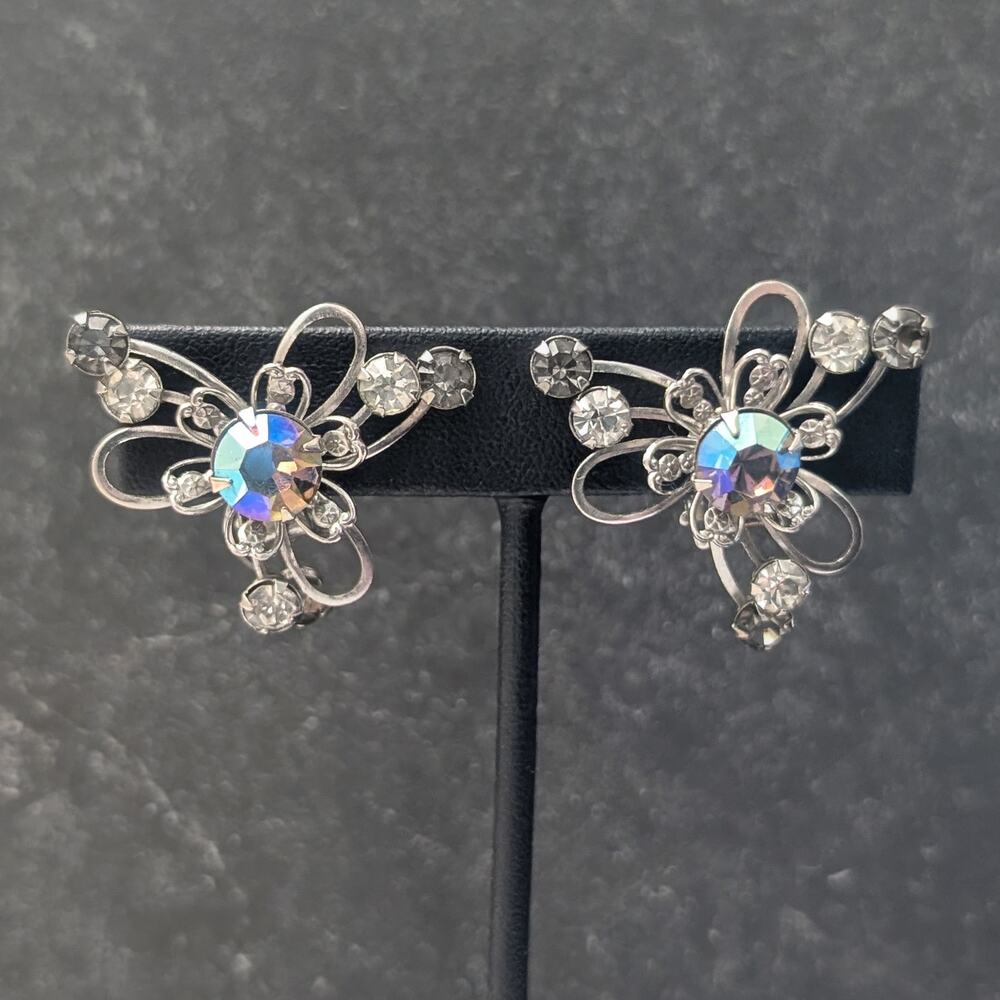 Vintage Clip On Earrings Large Silver Tone, Gray, Clear & AB Aurora Borealis